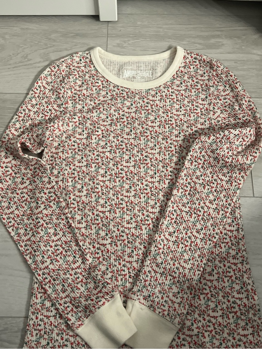 American Eagle Outfitters Cream Knit Top with Red & Green Floral Dots